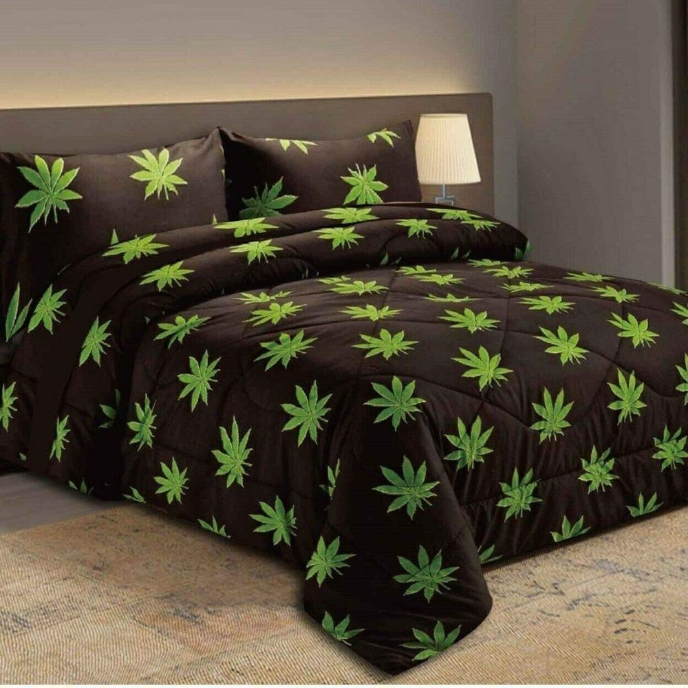  Pot Leaf KING Sheet Set Black Green Doobie Joint Grass Hippie Vibe